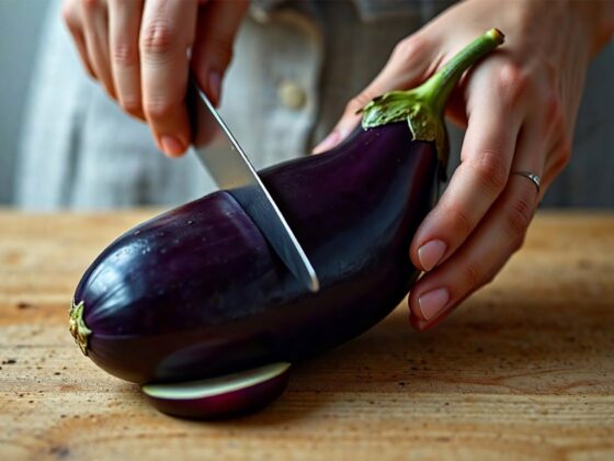 eggplant about to get sliced by a knife