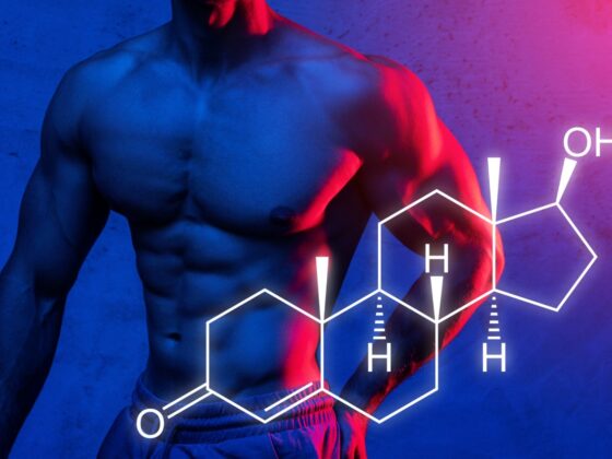 Muscular male torso and testosterone chemical formula