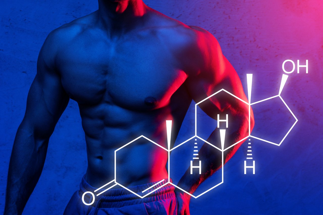 Muscular male torso and testosterone chemical formula