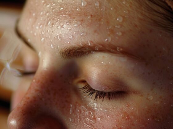 close up of a woman's face with sweat