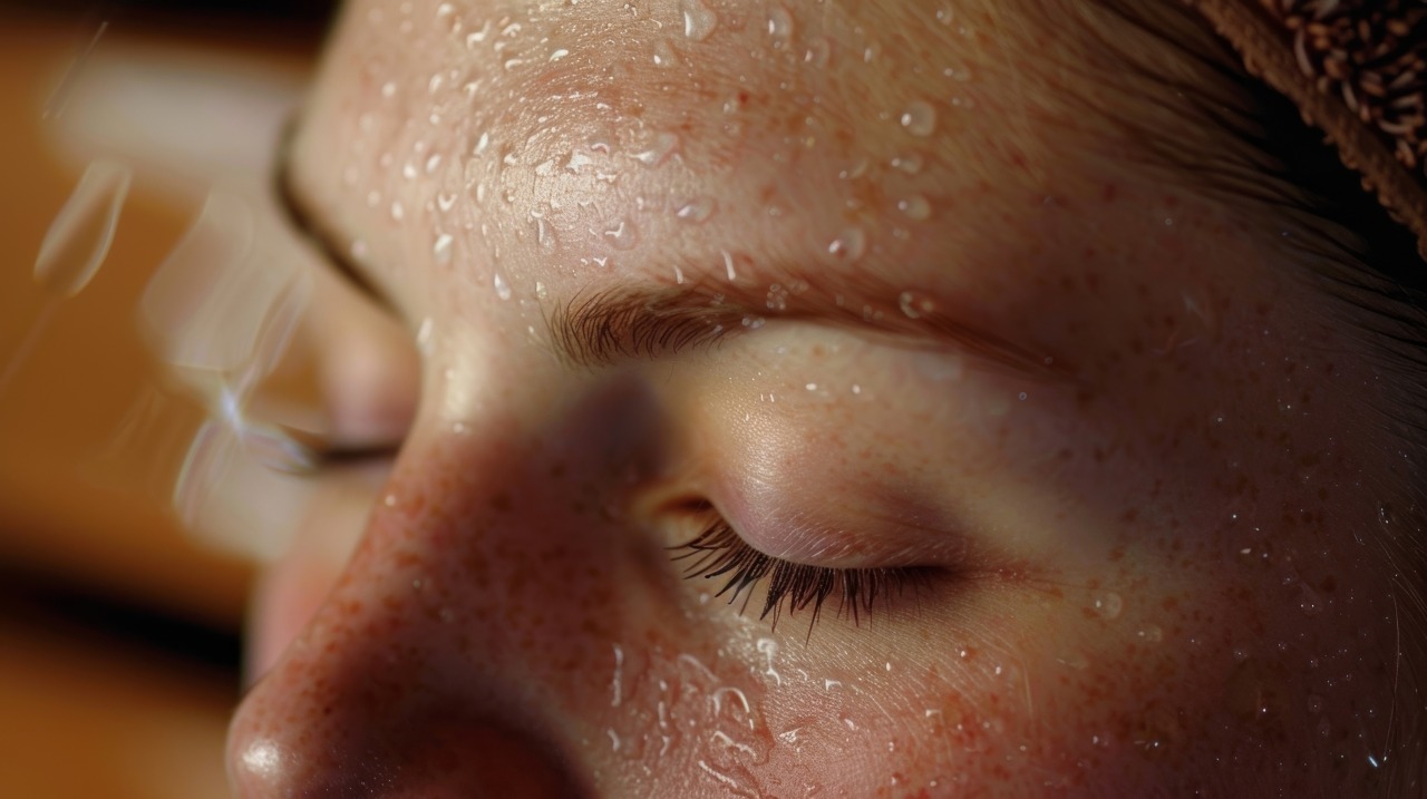 close up of a woman's face with sweat